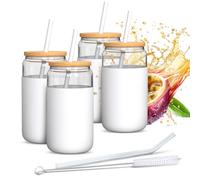 Aquafloow Vaso de Vidrio 500 ml con Funda de Silicona y Tapa de Bambú - 2 Pajitas Incluidas (Silicona y Vidrio), Resistente a Temperaturas de -20°C a 150°C