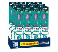 Aquafresh Junior, cepillo de dientes para niños de 6 a 12 años, dientes de leche y permanentes, cerdas suaves, limpieza eficaz, cuello flexible, paquete de 12