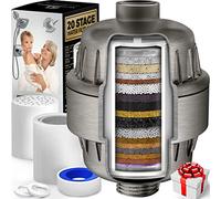 AquaHomeGroup - Filtro de cabezal de ducha de 20 etapas con vitaminas C, E y A para agua dura, filtro de alta salida para eliminar el cloro y el fluoruro, 2 cartuchos de repuesto, filtro de cabezal de