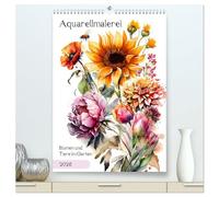 Aquarellmalerei - Blumen und Tiere im Garten (hochwertiger Premium Wandkalender 2026 DIN A2 hoch), Kunstdruck in Hochglanz: Kunstvoll gemalte Blüten und ihre tierischen Bewohner