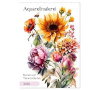 Aquarellmalerei - Blumen und Tiere im Garten (Wandkalender 2026 DIN A2 hoch), CALVENDO Monatskalender: Kunstvoll gemalte Blüten und ihre tierischen Bewohner