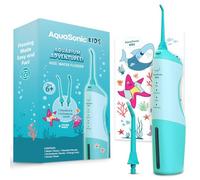 AquaSonic Hilo dental de agua para niños a partir de 6 años | Boquilla estándar, boquilla de ortodoncia y calcomanías impermeables | 4 modos de hilo dental | Tema de aventuras de acuario