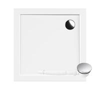 AQUAUNO Plato de ducha de 90 x 90 cm con superficie lisa, plano de 4 cm - Plato de ducha compuesto SMC con sifón con tapa cromada, desagüe 90 mm, limpieza superior, color blanco