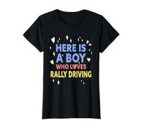 Aquí Hay un Chico Que ama Conducir Rally Divertido Conductor de Rally Camiseta gráfica económica, Mujer, Negro, XS