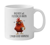 aquí We F Cking Go Again I Mean Good Morning Taza, tazas de café sarcásticas, tazas de café divertidas para adultos, taza de cerámica blanca para mujeres, hombres y compañeros de trabajo