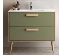 Aquore | Mueble de Baño con Lavabo Modelo Nordic 2 Cajones con Patas | Medidas 80 cm x 45 cm x 85 cm | Color Roble Natural Oliva | Conjunto de Baño | Mueble Decoración Baño | Sin Espejo