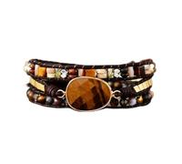 Aqxyedc Hombres señoras cuero marrón pulsera con cuentas de piedra mezclada 3 Strands pulsera amantes joyería wanglan, One size, agate