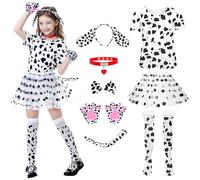 Aragallant 10PCS Disfraz Dalmata Niño, Set de Disfraz de Dalmata Niña - Con Orejas Dalmata, Guantes, Mangas Cortas, Faldas, Pajarita, Colas, Calcetines (110)