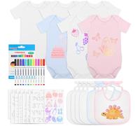Aragallant 12 Pcs Baberos para Pintar Bebés, DIY Body Bebe Manga Corta con 12 Bolígrafos Textiles y 14 Plantilla de Pintura, Baberos Bebe Blanco Regalo de Fiesta de Babyshower para Niños Niñas