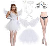 Aragallant 7 Piezas Alas de Ángel Blancas, Alas de Ángel Disfraz, Disfraz Ángel Mujer con Tutu Halo Varita Mágica Medias Rejilla, Disfraces Adulto para Carnaval Cosplay Fiesta Temática (White)