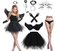 Aragallant 7 Piezas Alas de Ángel Negro, Alas de Diablo Disfraz, Disfraz Ángel Mujer con Tutu Halo Varita Mágica Medias Rejilla, Disfraces Adulto para Carnaval Cosplay Fiesta Temática (Black)