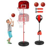 Aragallant Canasta Baloncesto Infantil, Saco de Boxeo de Pie, Altura Regulable, 2 en 1 Juguetes de Baloncesto Boxeo mit 2 Baloncesto y Guantes de Boxeo, Regalos para Niños y Niñas de 4 a 12 Años