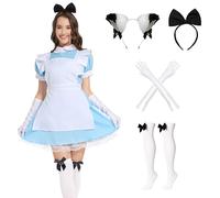 Aragallant Disfraz Alicia Mujer, Disfraz Alicia en el País de las Maravillas, Vestido Alicia Azul con Delantal Diadema, Carnaval Cosplay Costume Adulto con Medias Guantes Largos (XL)