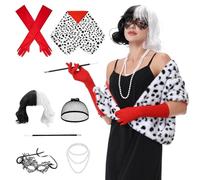 Aragallant Peluca Cruela Devil, Mujer Disfraz de Cruella Cosplay, Set de Accesorios Disfraz de Halloween con Collar de perlas, Capa, Máscara de Ojos de Encaje, Guantes Rojos, Bastón Negro