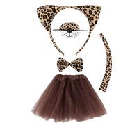 Araluky Conjunto de disfraz de leopardo, diadema de orejas de gato, nariz, pajarita, cola y falda tutú, accesorios de fiesta para Halloween, fiesta, carnaval, libro mundial