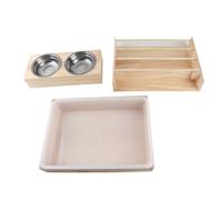 Aramox Caja de Comedero para Conejos Pesebre de Madera con Asiento de Madera Contrachapada 9-7/8 X 6-3/4 X 8 en Comedero 3 en 1 con Cuencos y Caja de Plástico para Conejos, Cobayas, Animales Pequeños