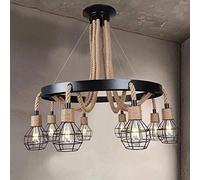 Araña de interior retro de estilo europeo Lámpara de techo de cuerda de cáñamo tejida a mano Cadena colgante de metal 8 Lámpara colgante de rama redonda Altura ajustable Luz colgante de ahorro de