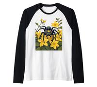 Araña Lobo Gigante rodeada de Flores Amarillas de jazmín Camiseta Manga Raglan