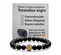 arana's® - Pulsera MEDALLA CRUZ SAN BENITO turmalina negra - Hilo elástico con bolas de 8mm - Pulseras energéticas para mujer y hombre - Amuleto contra las malas energías y mal de ojo (Oro)