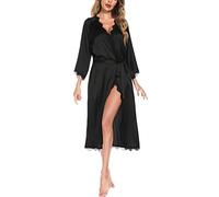 Aranmei Bata Mujer Seda, Satén Kimono Largo Cuello V Camisones de Manga 3/4 Ribete Encaje Ligero para Novia Boda y Damas de Honor, Negro, S