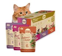 ARATON Comida húmeda para gatos Multipack - Pavo, vacuno, salmón y pollo, mezcla de variedades - Comida húmeda para gatos con 74 - 76% ingredientes animales, selección mixta en salsa sin aditivos 12 x