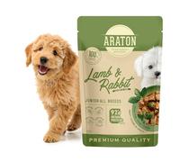 ARATON Puppy Wet Dog Food Pouches with Lamb & Rabbit - Recetas húmedas de alta proteína para perros de 1 a 12 meses, soporte conjunto, digestión suave, sin sabores artificiales (500 g)