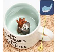 Arawat Taza de café divertida de perezoso de 350 ml, taza de té de cerámica con cuchara y posavasos, taza de café dulce, regalo de cumpleaños para novio, mujeres y hombres