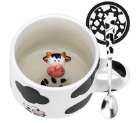 Arawat Taza de café divertida en 3D con diseño de vaca, 350 ml, con cuchara y platillo, taza de café de cerámica, regalo de cumpleaños para mujeres, abuela, tía, bonita taza de té