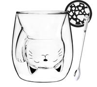 Arawat Taza de cristal para gatos, regalo para mujeres, vasos de doble pared con asa, tazas de gato, vasos, tazas de té, tazas de espresso, gatos, vasos de café, taza de café con cuchara y posavasos