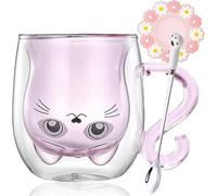 Arawat Taza de gatos de doble pared, vasos de café, tazas de cristal rosa, vasos de gato con asa rosa, taza de café con cuchara y posavasos, taza de té, regalo de cumpleaños para mujeres y novias
