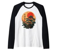 Árbol bonsái japonés Retro Sun Zen caligrafía pájaros Camiseta Manga Raglan