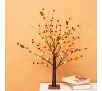 Árbol centelleante con luces - Árbol decorativo de bayas rojas, lámparas bonsái artificiales para decoración de mesa de Navidad con 24 cuentas LED