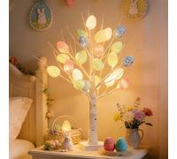 Árbol de Abedul de Huevo de Pascua, 60cm Árbol Artificial con 24 Luz LED Blanca y 24 Huevos de Pascua, Alimentado por USB y batería, Decoración de Interior para Mesa y Hogar