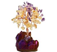 Árbol de dinero de cristal natural de 4 pulgadas, base de racimo de cristal de titanio, aura amarilla púrpura y dorada, bonsái, figura de la fortuna