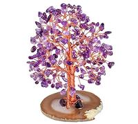 Árbol de dinero de Navidad de cristal en losa de ágata natural, decoración de estatuilla de bonsái de piedra de chip de caída hecha a mano para la riqueza y la suerte: amatista