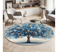 Árbol De Flores De Papel Redondo 3D Alfombra De Sala Grande Azul Plantas De Acuarela Patrón Alfombra Infantil Habitación Antideslizante Suave Alfombrilla De Decoración Juego Felpudo,Azul Blanco 120Cm