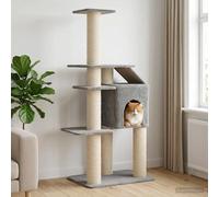 Árbol de gato 183 cm gris claro con postes sisal | Madera de ingeniería, Poliéster Suave, Condominio Integrado, Uso Interior, Montaje Fácil