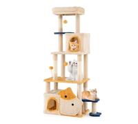 Árbol de gato 85 x 42 x 159 cm, 2 condominios extraíbles, juguetes de peluche, ambiente acogedor, madera aglomerada, color beige 20_0018662