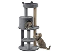 Árbol de gato multifunción juego y descanso, 48 x 48 x 104 cm, rascador resistente y nicho de zócalo escandinavo de madera, gris, 21_0007641