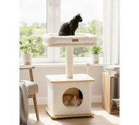 Árbol de gato para gato de interior 74 cm, diseño moderno de madera con postes rascadores de sisal, gran percha acolchada y nicho cerrado (crema y madera natural, estándar (1 poste)