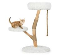 Árbol de gato torre 50 x 90 cm con percha estable de 3 niveles de tela de peluche blanca de madera de peral natural 20_0018593
