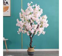 Árbol de goma artificial con flor de cerezo japonés en maceta de bambú, planta sintética extra grande para decoración de interiores y exteriores, decoración de boda verde, blanco y rosa
