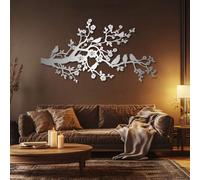 Árbol de la Vida, Arte de Metal 3D, decoración de Pared Grande con pájaros en una Rama de Cerezo. Arte, Ramas Colgantes para Sala de Estar y Dormitorio (Plata, 90 x 49 cm)