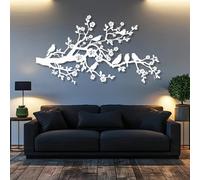 Árbol de la Vida, Arte de Metal 3D, decoración de Pared Grande con pájaros en una Rama de Cerezo. Arte, Ramas Colgantes para Sala de Estar y Dormitorio (Blanco, 135 x 74 cm)