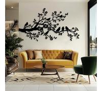 Árbol de la Vida, Arte de Metal 3D, decoración de Pared Grande con pájaros en una Rama de Cerezo. Arte, Ramas Colgantes para Sala de Estar y Dormitorio (Negro, 76 x 42 cm)