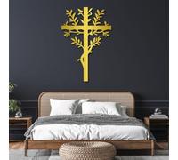 Árbol de la Vida en Metal, Arte 3D, Gran decoración de Pared, Cruz, Rama, Cristiano, para Sala de Estar, Dormitorio, Iglesia (Dorado, 80 x 54 cm)