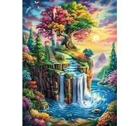 Árbol de la Vida Junto a la Cascada Puzzle 500 Piezas Portátil Familiar Compacto Wild Animals Fantasy Hada Tale Rompecabezas 3D para Familia Desafío Intelectual Maquetas Educativas Construir 500 PCS