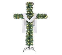 Árbol de Navidad artificial de 1,5 m / 1,8 m con forma de cruz con iluminación y bufanda de seda blanca, motivo de cruz católica con Jesucristo, decoración navideña para el hogar, la oficina y las