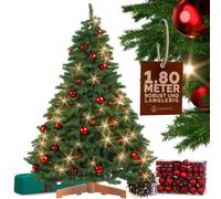 Árbol de Navidad artificial Premium 180 cm + bolas rojas + guirnalda de luces de color blanco cálido