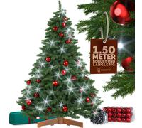 Árbol de Navidad artificial Premium de 150 cm + bolas rojas + guirnalda de luces color blanco frío